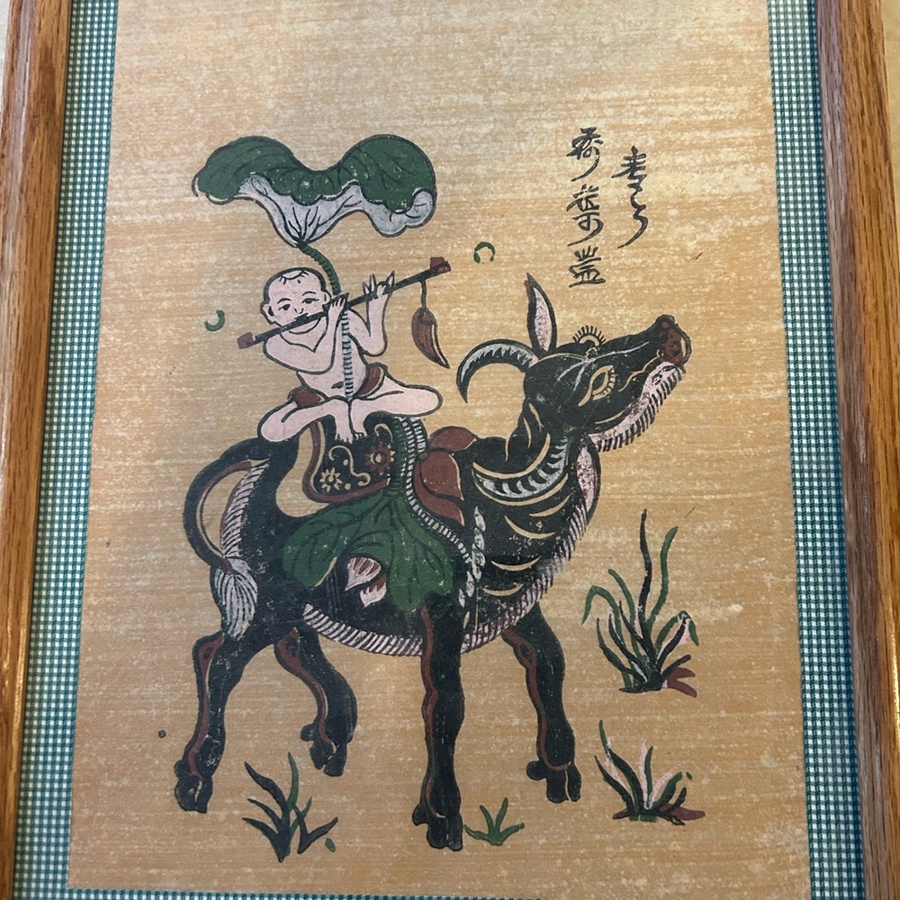Vintage Asian Art Print on Tan Canvas